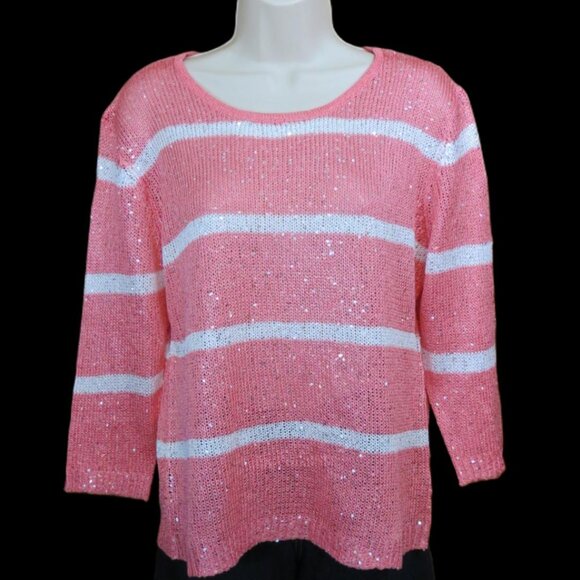 Avalin Coral & Ivory Striped Sweater Long Sleeve Sequins Scoop Neck Size Large - Picture 1 of 10